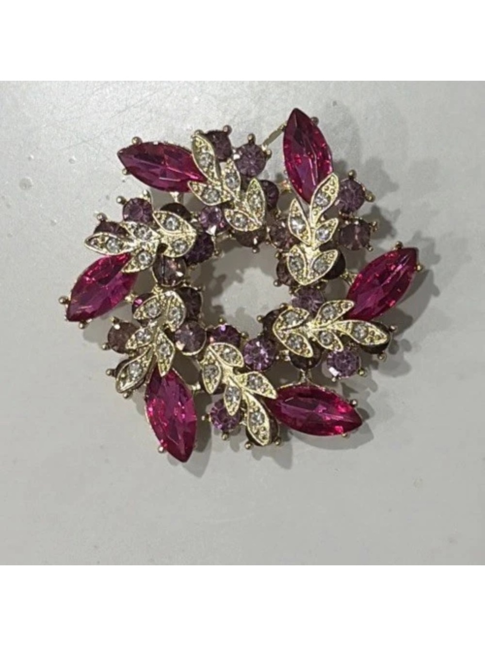 Gold-Tone Pink Crystal Wreath Brooch